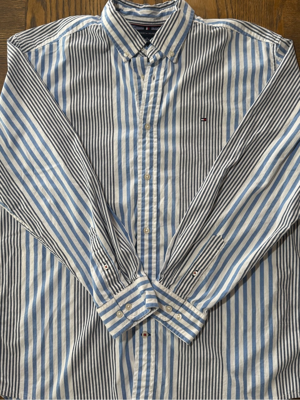 Tommy Hilfiger Vertical Blue and White Stripe Button-Down Shirt